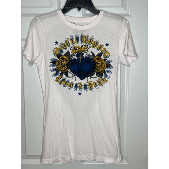 Sinful x Affliction Women Graphic Short Sleeve Tee Large Blue Gold - Picture 1 of 6